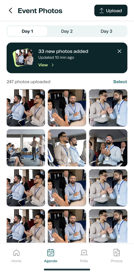 Prism Events photos screen: day tabs and a grid of uploaded attendee photos
