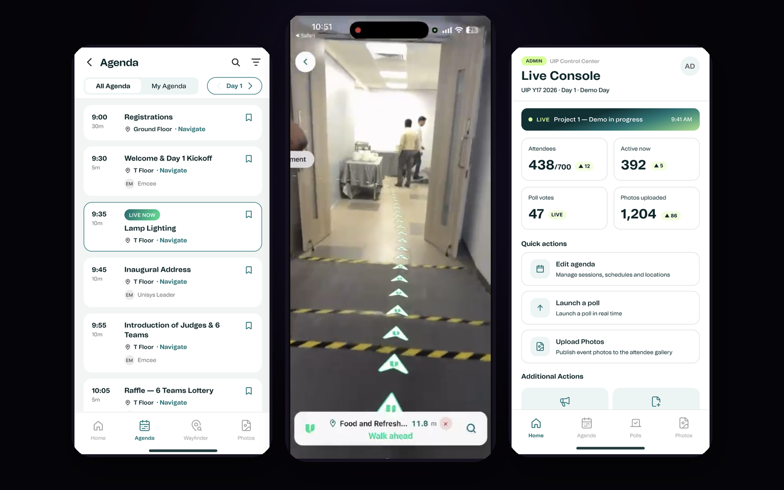 Three Prism Events app screens from the Unisys UIP deployment: the live agenda, the home dashboard with a live poll and venue map, and the event photo gallery.